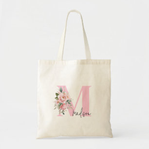 Modern Elegant Initiaal Naam Roze Bloemen Monogram Tote Bag
