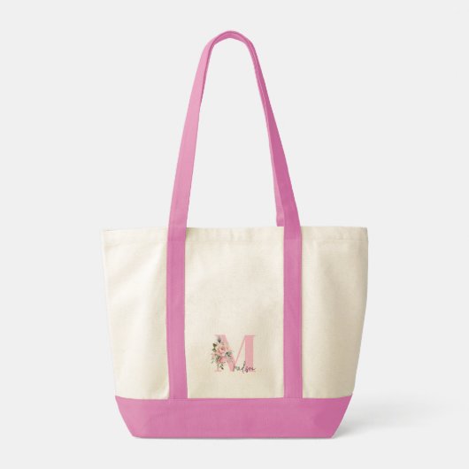 Modern Elegant Initiaal Naam Roze Bloemen Monogram Tote Bag (Achterkant)