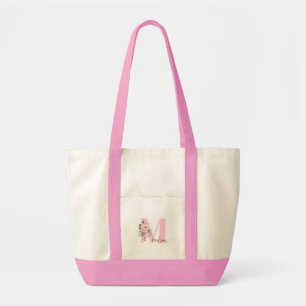 Modern Elegant Initiaal Naam Roze Bloemen Monogram Tote Bag
