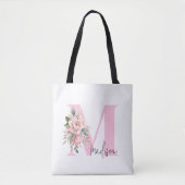 Modern Elegant Initiaal Naam Roze Bloemen Monogram Tote Bag (Voorkant)