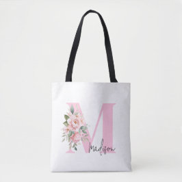 Modern Elegant Initiaal Naam Roze Bloemen Monogram Tote Bag
