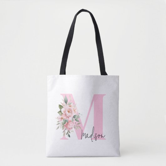 Modern Elegant Initiaal Naam Roze Bloemen Monogram Tote Bag (Voorkant)