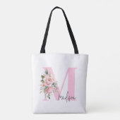 Modern Elegant Initiaal Naam Roze Bloemen Monogram Tote Bag (Achterkant)