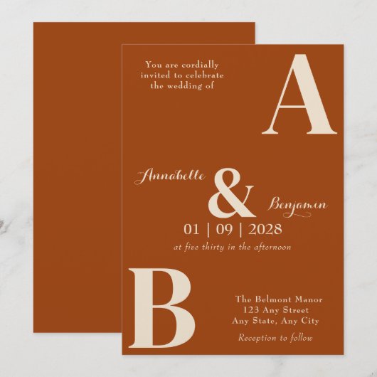 Modern Elegant Initiaal Verbrand Sinaasappel bruil Kaart (Voorkant / Achterkant)