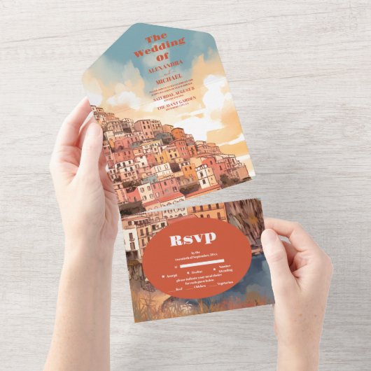 Modern Elegant Italië Bestemming Bruiloft All In One Uitnodiging (Afscheurbaar)