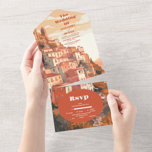 Modern Elegant Italië Bestemming Bruiloft All In One Uitnodiging (Afscheurbaar)