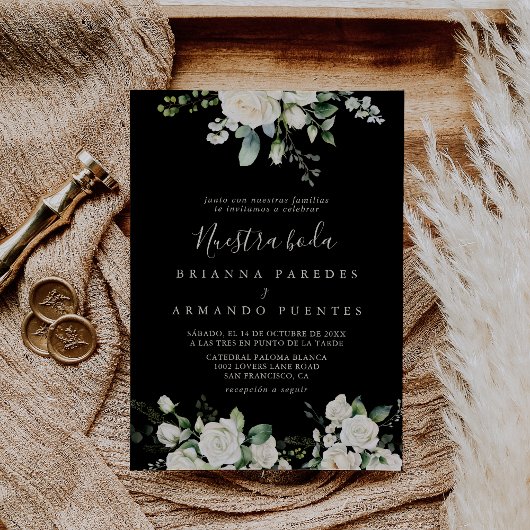 Modern Elegant Ivoor Bloemen Nuestra Boda Huwelijk Kaart