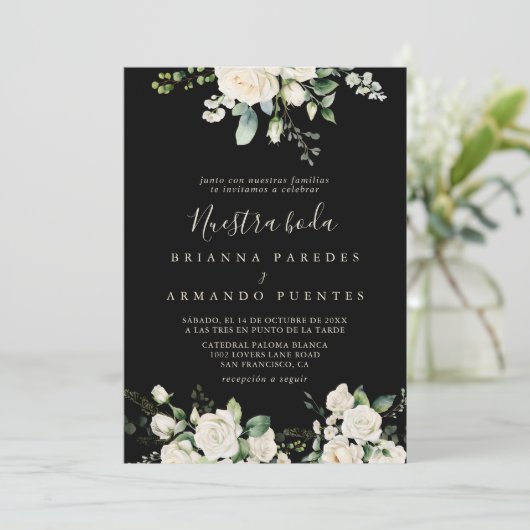 Modern Elegant Ivoor Bloemen Nuestra Boda Huwelijk Kaart (Staand voorkant)