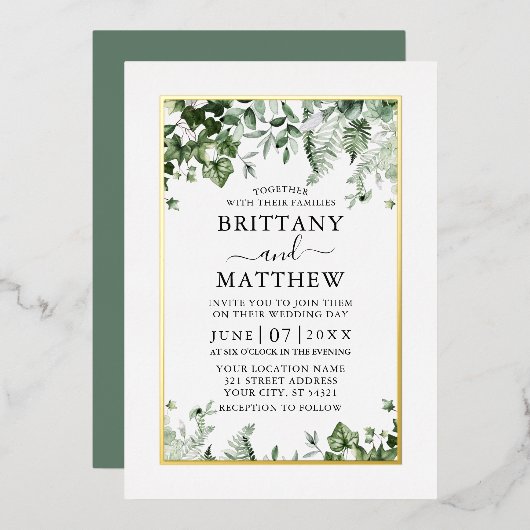 Modern Elegant Ivy Ferns Sage Green Wedding Gold Folie Uitnodiging (Voorkant / Achterkant)