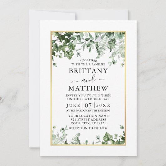 Modern Elegant Ivy Sage Greenery Gold Wedding Kaart (Voorkant)