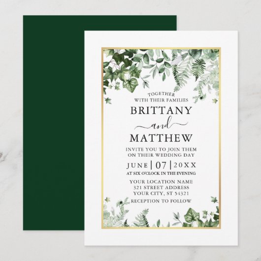 Modern Elegant Ivy Sage Greenery Gold Wedding Kaart (Voorkant / Achterkant)