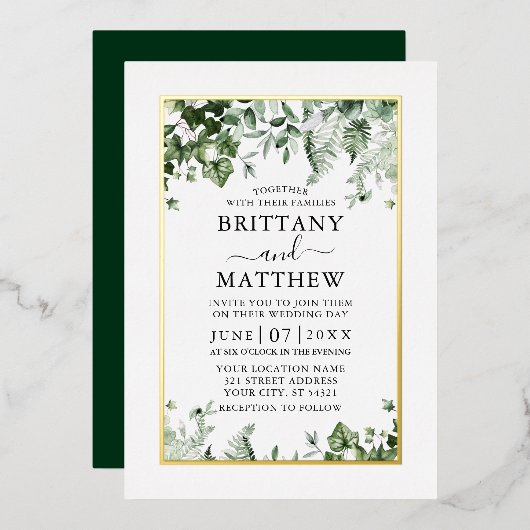 Modern Elegant Ivy Sage Greenery Wedding Gold Folie Uitnodiging (Voorkant / Achterkant)