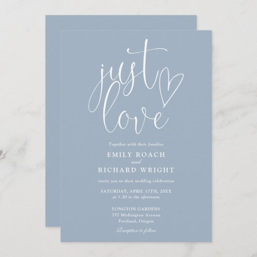 Modern Elegant Just Love Script Dusty Blue Wedding Kaart (Voorkant / Achterkant)
