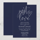 Modern Elegant Just Love Script Marine Blue Weddin Kaart (Voorkant / Achterkant)