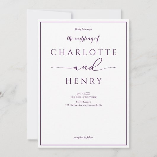 Modern Elegant Kalligrafie Script Paarse bruiloft Kaart (Voorkant)