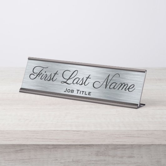 Modern Elegant Kantoor Desk Sign Faux Silver Bureau Naambordje (Voorkant)