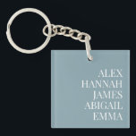 Modern Elegant Kinder Names Persoonlijke Familie Sleutelhanger<br><div class="desc">Creëer uw eigen gepersonaliseerde sleutelhanger met familie- of kinder namen in elegante typografie op een blauwe achtergrond. Geweldig cadeau idee voor oma met kleinkinderen namen.</div>