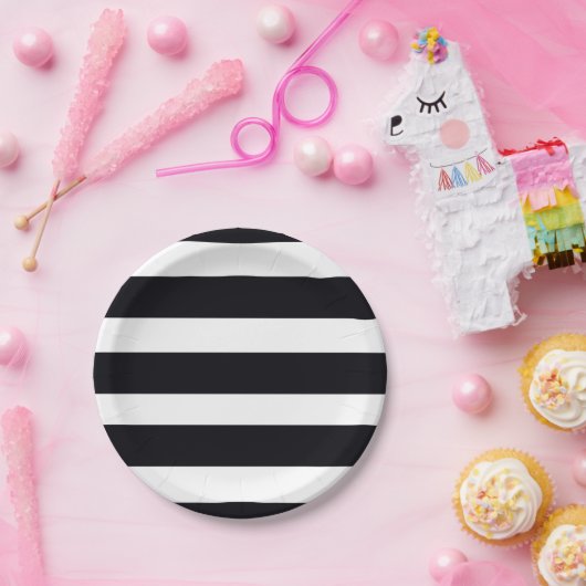 Modern elegant klassieker zwart-wit, gestreept papieren bordje (Feest)