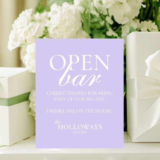 Modern Elegant Lavender Open Bar Wedding Reclamebord Met Voetstuk