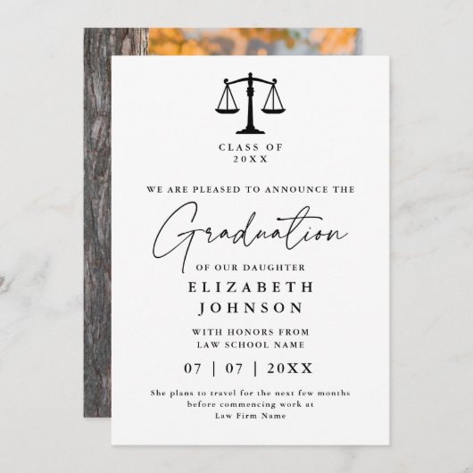 Modern Elegant Law Afstuderen Fotoaankondiging Kaart (Voorkant / Achterkant)