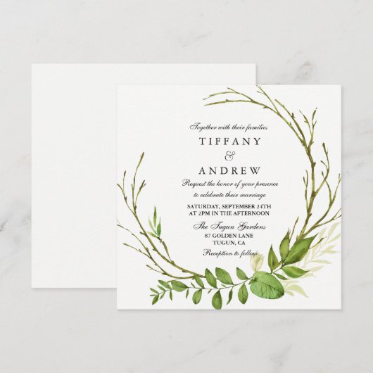 Modern Elegant Leaf Wreath Wedding Invite Kaart (Voorkant / Achterkant)