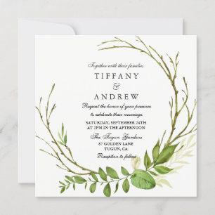 Modern Elegant Leaf Wreath Wedding Invite Kaart