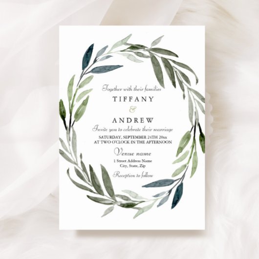 Modern Elegant Leaf Wreath Wedding Uitnodiging