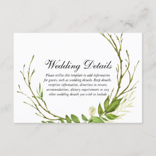 Modern elegant lef Wreath Wedding Details Informatiekaartje