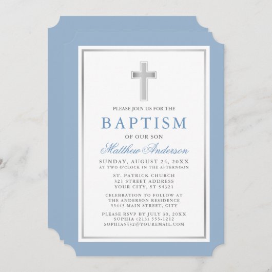 Modern Elegant Light Blue en Silver Baptisme Kaart (Voorkant / Achterkant)
