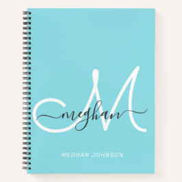 Modern elegant Light Blue White Script Monogram Notitieboek