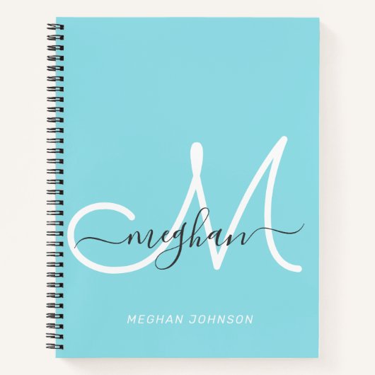 Modern elegant Light Blue White Script Monogram Notitieboek (Voorkant)