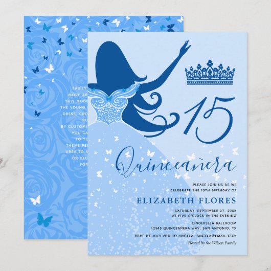 Modern Elegant Light Royal Blue Quinceanera Kaart (Voorkant / Achterkant)