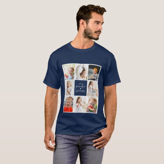 Modern elegant Love You Grandpa 8-Photo Collage T-shirt (Voorkant volledig)