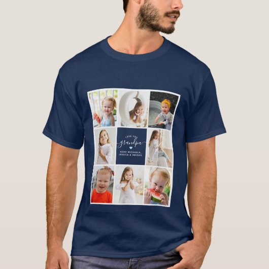 Modern elegant Love You Grandpa 8-Photo Collage T-shirt (Voorkant)