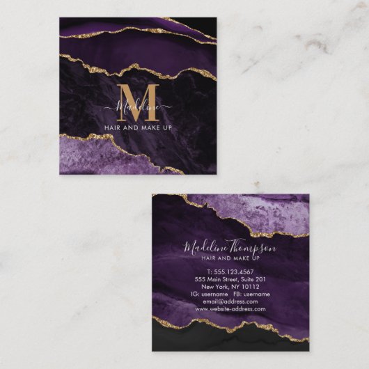 Modern Elegant Marble Agate Paars Gold Monogram Vierkante Visitekaartje (Voorkant / Achterkant)