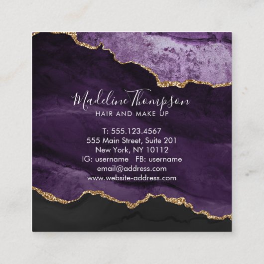 Modern Elegant Marble Agate Paars Gold Monogram Vierkante Visitekaartje (Achterkant)