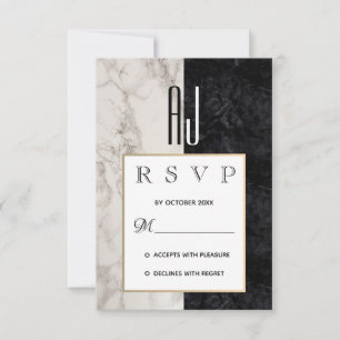 Modern Elegant Marble Black White en Gold Wedding RSVP Kaartje