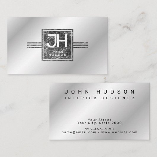 Modern Elegant Marble Silver en Lines Sjabloon Visitekaartje (Voorkant / Achterkant)