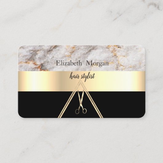 Modern Elegant Marble Stone Black, Gold, Scissors Visitekaartje (Voorkant)