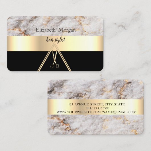 Modern Elegant Marble Stone Black, Gold, Scissors Visitekaartje (Voorkant / Achterkant)