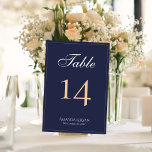 Modern Elegant Marine Blauw Script Bruiloft Kaart<br><div class="desc">Modern Elegant Marine Blauw Script Trouwtafel Nummer. De kaart is modern en elegant in donkerblauw met een dunne rand en een script in witte en perzikkleuren. Pas elke kaart afzonderlijk aan voor elk tabelnummer en zet deze apart in uw winkelwagen. Personaliseer alle tekst op de tafel kaart.</div>