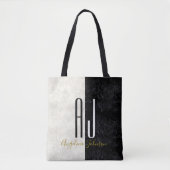 Modern Elegant Marmer Zwart-wit Monogram Tote Bag (Voorkant)