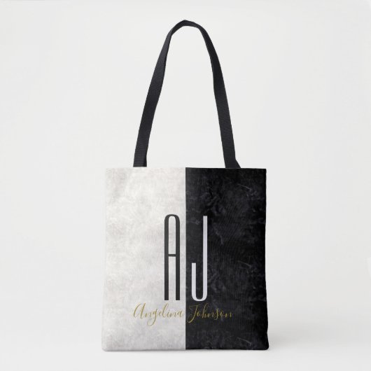 Modern Elegant Marmer Zwart-wit Monogram Tote Bag (Voorkant)