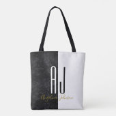 Modern Elegant Marmer Zwart-wit Monogram Tote Bag (Achterkant)