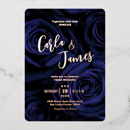 Modern elegant marvy blue Calligrafie bruiloft Folie Uitnodiging (Voorkant)