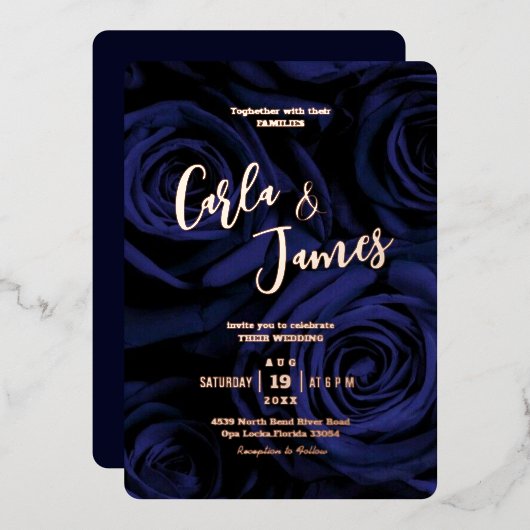 Modern elegant marvy blue Calligrafie bruiloft Folie Uitnodiging (Voorkant / Achterkant)