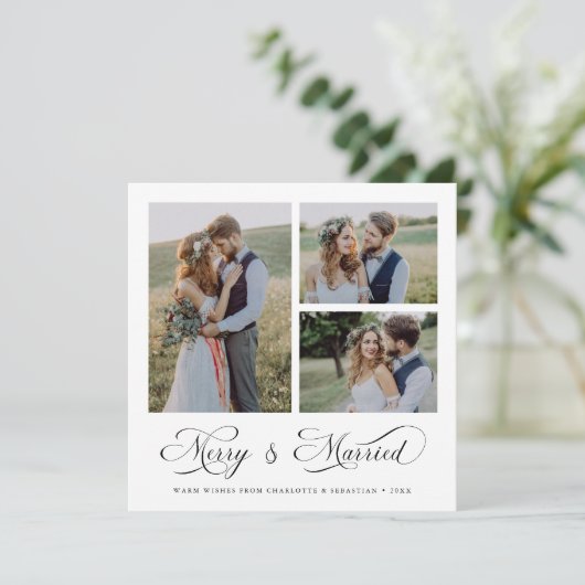 Modern Elegant Merry & Getrouwd Script 3 Foto Feestdagenkaart (Staand voorkant)