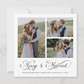 Modern Elegant Merry & Getrouwd Script 3 Foto Feestdagenkaart (Voorkant)