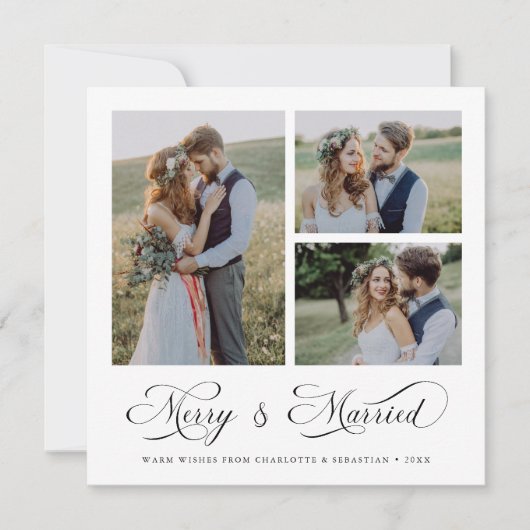 Modern Elegant Merry & Getrouwd Script 3 Foto Feestdagenkaart (Voorkant)