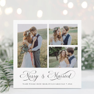 Modern Elegant Merry & Getrouwd Script 3 Foto Feestdagenkaart